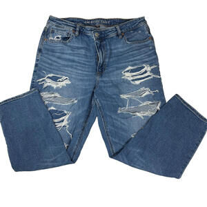 American Eagle Ripped Jeans Women 14 Short Distressed Strigid Blue Baggy Denim
